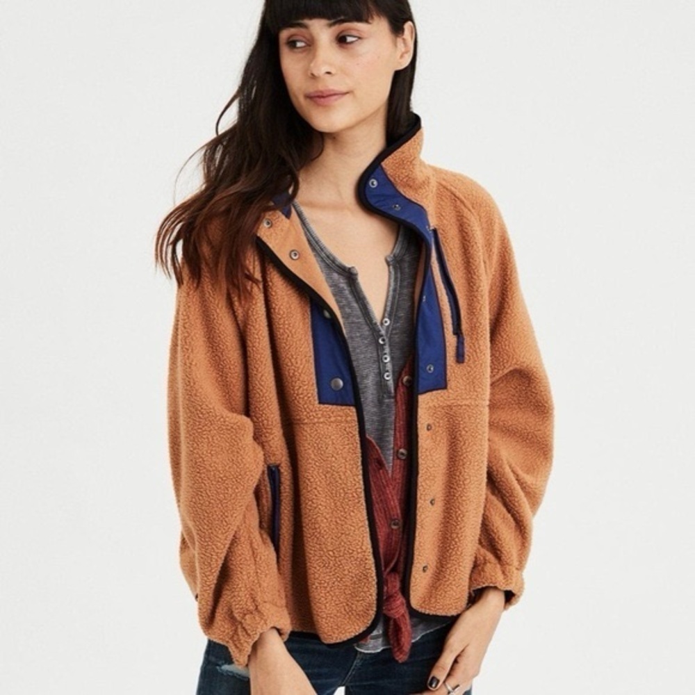 American Eagle Fleece Snap Jacket Tan/Blue Sz XS